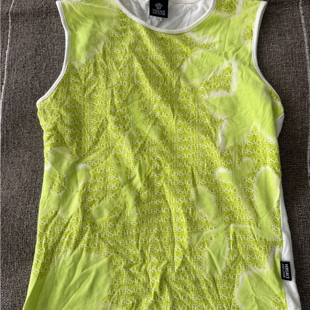 Versace Neon Lime Green and White Logo Tank Top